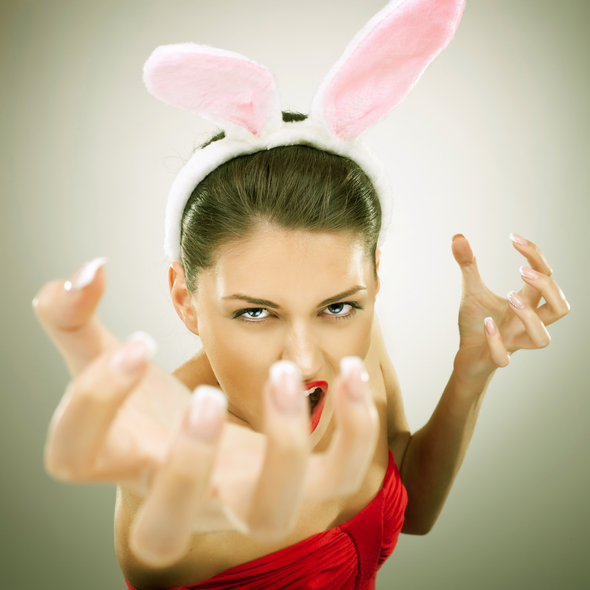evil bunny woman screaming and reaching to get you - vintage look picture